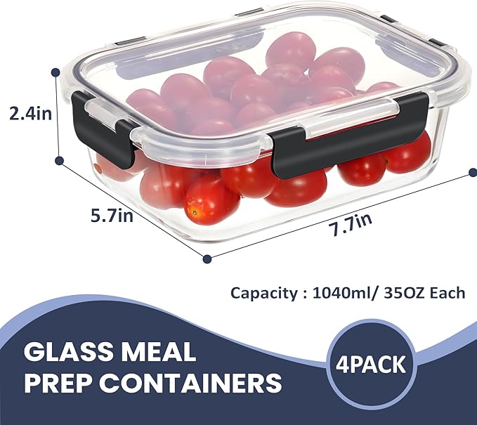 HOTEC 35OZ Glass Food Storage Container, Airtight Glass Lunch Fruit Containers with Lids - Microwave, Oven, Freezer and Dishwasher Safe, 4-PACK
