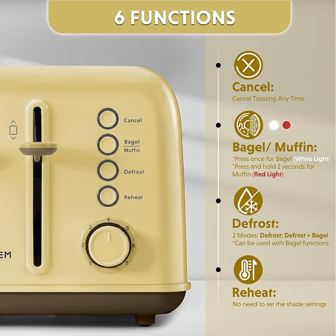 BUYDEEM DT640 4-Slice Toaster, 7 Shade Settings, Extra Wide 1.5’’ Slots for Bagel & English Muffin, 6 Toasting Functions, Retro Stainless Steel Toaster with High Lift Lever, 1800W, Yellow