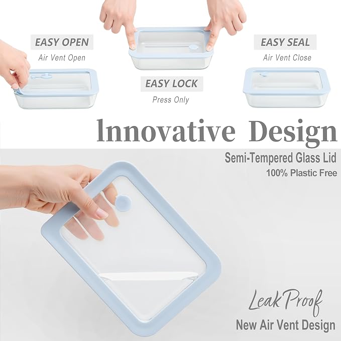 Glass Food Container Set with Glass Lid, 4 Pack, Meal Prep Containers with Silicone Framed Airtight Lid, Leakproof, 100% Plastic Free,