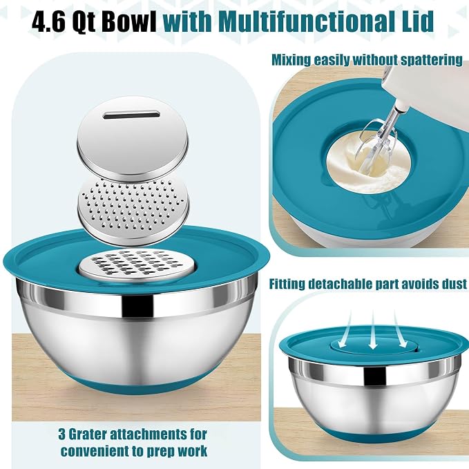 P&P CHEF Mixing Bowls with Lid Set, Nesting Bowl for Storing, Blue | 5 Piece Stainless Steel Salad Mixing Bowls for Prepping, 3 Grater Attachments & Non-Slip Bottoms, Size 1/1.5/2 / 2.6/4.6 QT