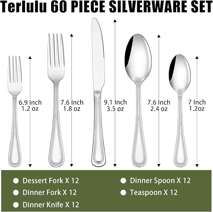Terlulu 60-Piece Silverware Set for 12, Stainless Steel Flatware, Mirror Polished Cutlery Set, Utensils Include Spoons, Forks, Knives for Home, Restaurant, Beaded Handle, Dishwasher Safe