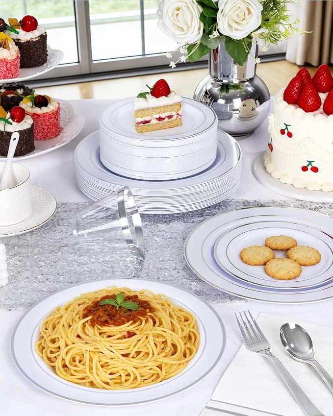 GATHER 700PCS Silver Plastic Plates 100 Guest for Wedding and Party | White and Silver Disposable Dinnerware Sets include 200 Plates, 300 Silverware, 100 Napkins, 100 Cups for Anniversary