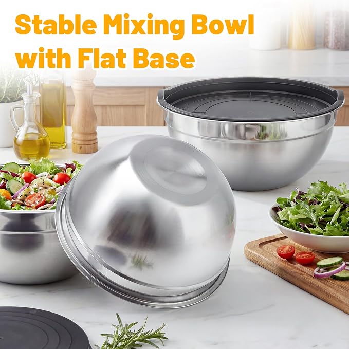 Beasea Stainless Steel Mixing Bowl with Lids, 2 Pack 5 QT Metal Large Stainless Mixing Bowls with Lids Set, Stackable Baking Bowl for Kitchen, Meal Prep, Serving and Cooking