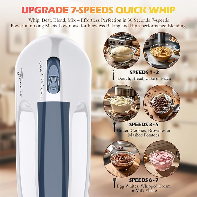 WADODO 7-Speed Electric Hand Mixer – Portable Food Mixer Kitchen Mixer with 304 *(1x Whisk, 2x Beater, 2x Dough hook) for Baking Cakes, Cream, Cookies, WHITE