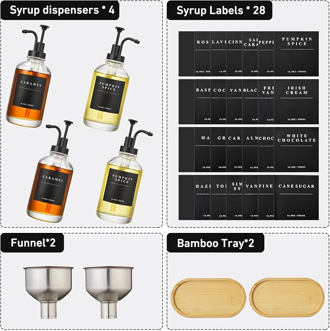 Coffee Syrup Dispenser for Coffee Bar with Black Upgraded Pump, 4 Pack | Coffee Syrup Pump Dispenser, Glass Syrup Bottle 16.9 oz 500 ml Syrup Dispensers, 28 Labels and 2 Bamboo Tray