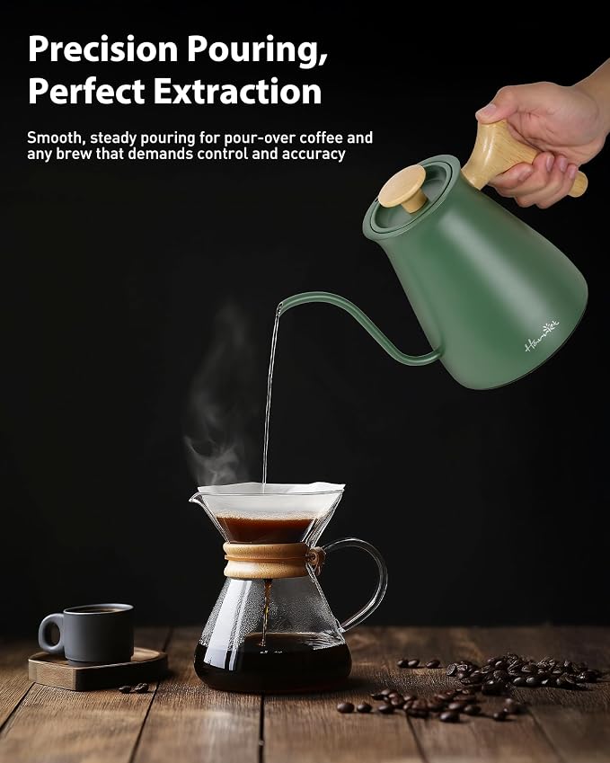 Harriet Gooseneck Electric Kettle, 1°F Control, Brew Time, 0.8L | 120-Min Keep Warm, 104–203°F Control, Built-In Brew Timer, Stainless Steel, Wood-Accent Handle for Pour-Over Coffee