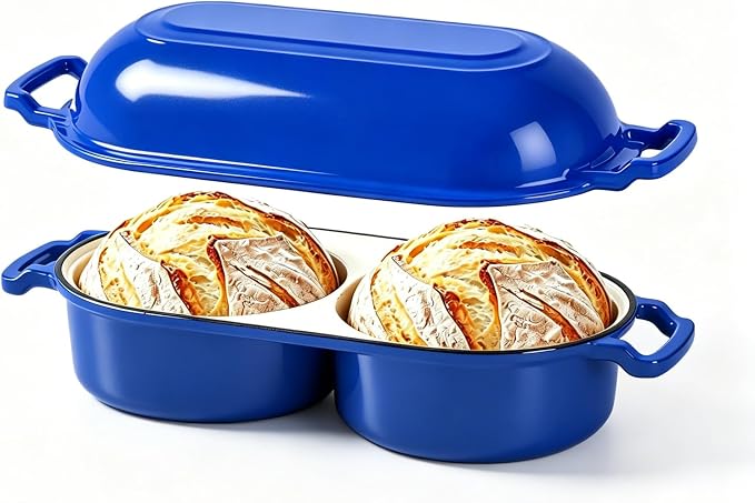 Double Dutch Oven for Sourdough Bread Baking, Enameled Cast Iron Bread Pot with Lid, Double Round Loaf Space, 500F Oven Safe, Non Stick Mini Loaf Pans for Homemade Cake Meatloaf