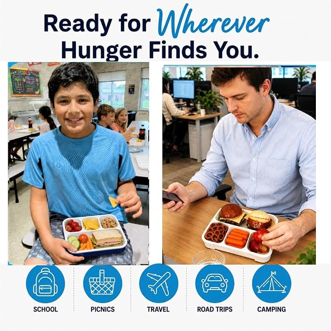 kinsho Bento Box for Kids Lunch-Boxes for Adults | Portion Snack Containers for Boys Toddlers Pre-School Daycare Work Lunches BPA Free | 4 Compartments, Gray Blue, 2 pack