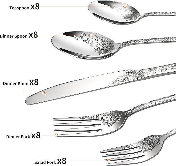40 Pcs Silverware Set for 8, Food Grade Stainless Steel Flatware Set, Eating Utensils Sets Include Fork/Knife/Spoon, Reusable Cutlery Set for Home Kitchen, Dishwasher Safe, Embossed pattern-1
