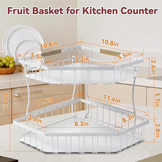 2 Tier Fruit Basket for Kitchen Counter with 2 Banana Hangers for Corner | Detachable Metal Fruit Bowl with Wooden Handle, Large Capacity Fruit Stand for Bread Fruit and Vegetable Storage, White