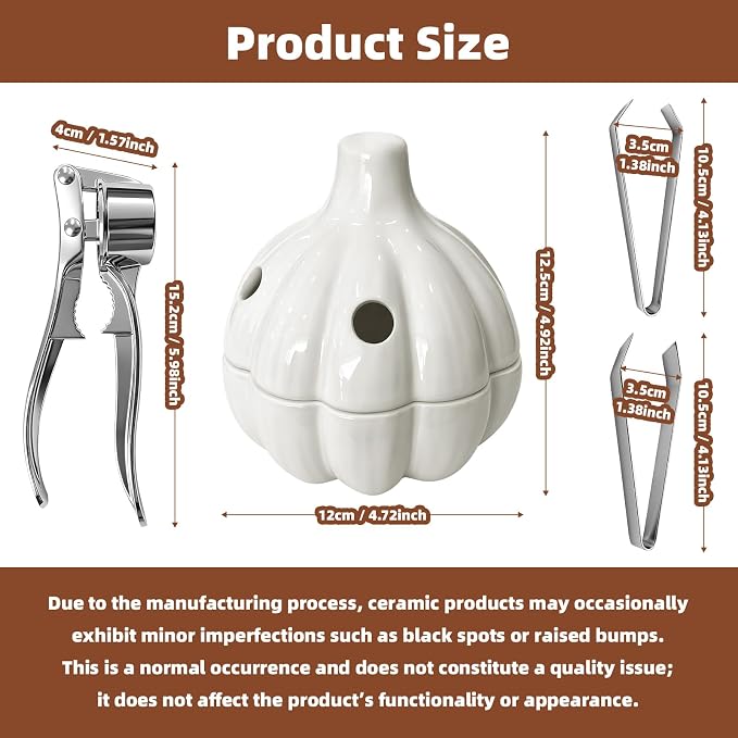Ceramic Garlic Keeper with Vent Lid, White with Press and Peeler Clip | 4.92 by 5.04 inch holder with vent holes, novelty shape, keeps garlic fresh, fits kitchen countertop