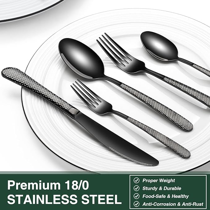 Black Hammered Silverware Set, 40-Piece Stainless Steel Heavy Duty Flatware Set for 8, Food-Grade Tableware Cutlery Set, Utensil Sets for Home Restaurant, Mirror Finish, Dishwasher Safe