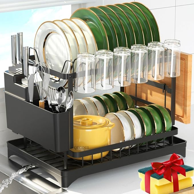 2-Tier Dish Drying Rack with Drainboard, Sink & Countertop Metal Dish Rack Organizer, Dish Drainers for Kitchen Counter, Black