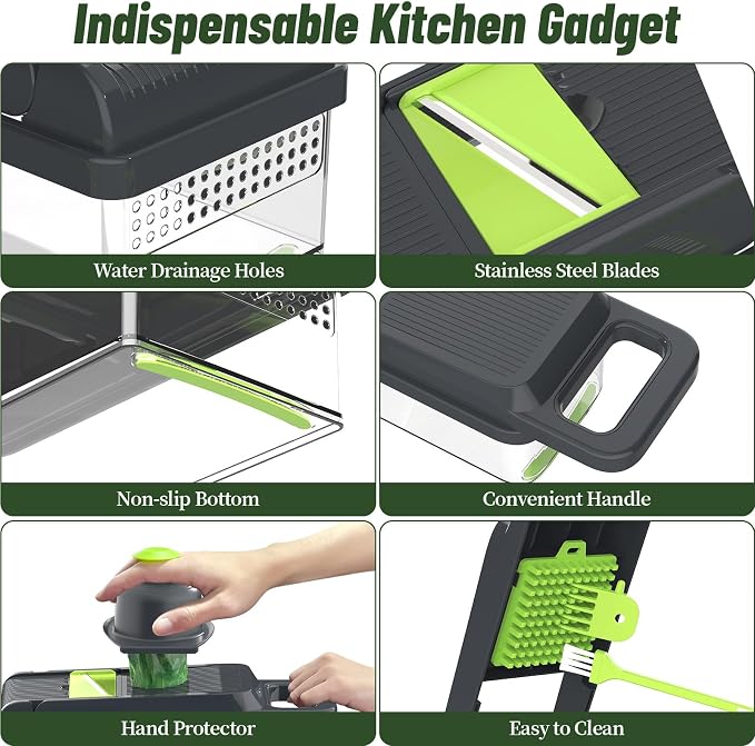 12-in-1 Vegetable Chopper 7 Blades, Veggie Cutter with Handle, Green/Grey | Stainless Steel Blades, Food Container and Lid, Dicer, Slicer, Julienne, Egg Separator, Non-slip Base, Include Cleaning Tools