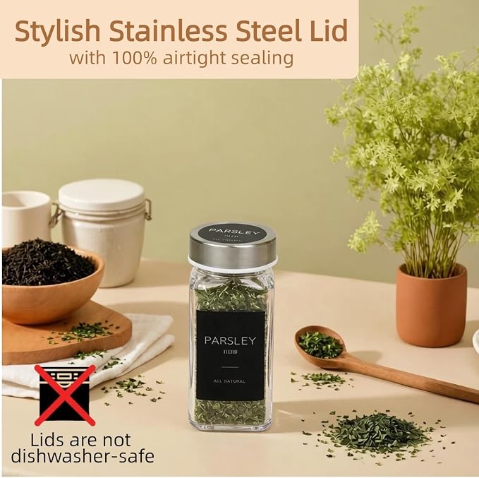 Glass Spice Jars with Labels, Seasoning Jars; 26 Pcs Stainless Steel Lids/Airtight Lids Keep Spice Fresh; Pepper Grinder Lid, 360 Labels, Funnel and Brush, Shaker Inserts; 4 oz Jar Set
