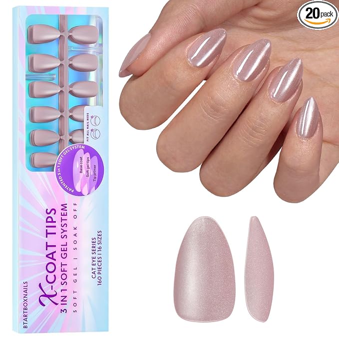 BTArtboxnails XCOATTIPS Cat Eye Press On Nails, Short Almond, Falling Star | Lamp-Curable 4-Week Wear, Salon Quality Value at Home, Natural Nail Look, Easy-to-Apply for Beginners, 1606ct Nail Tips Only