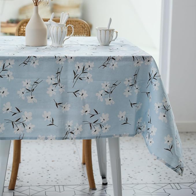 Pastoral Rectangle Tablecloth - 52 x 70 Inch - Linen Fabric Table Cloth - Washable Table Cover with Dust-Proof Wrinkle Resistant for Restaurant, Picnic, Indoor and Outdoor Dining, Floral (Light Blue)