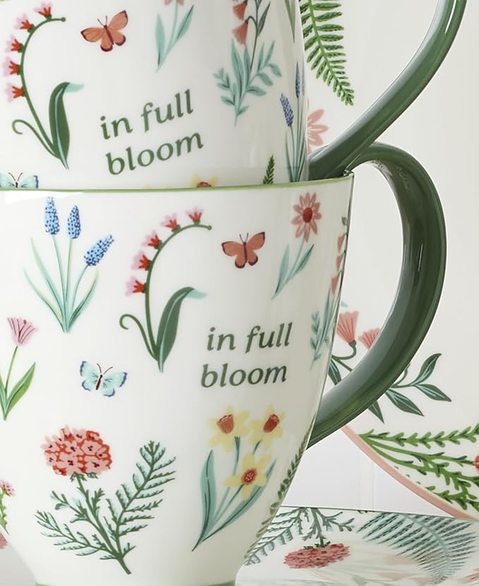 Oneida First Blooms Green Porcelain Mug Set for 2, 12oz | dishwasher safe, microwave safe | floral design | coffee mug gift for coffee lovers | 4.01 inch, 12oz