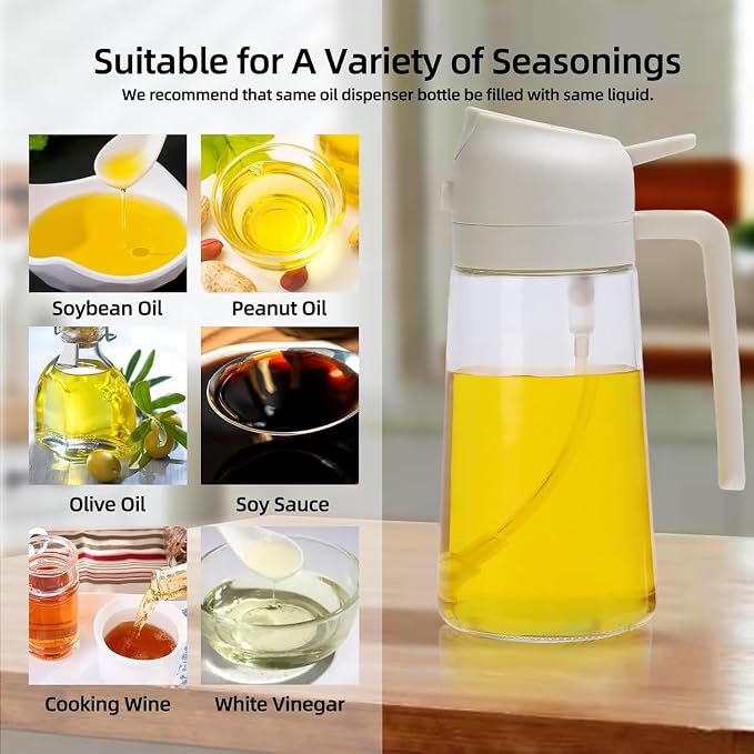 Aovdy Oil Sprayer for Cooking 16oz,2 in 1 Olive Oil Dispenser and Oil Sprayer - 470ml Olive Bottle Spray and Pour - Glass Oil Dispenser for Kitchen Cooking Salad BBQ (2PCS-White & Green)