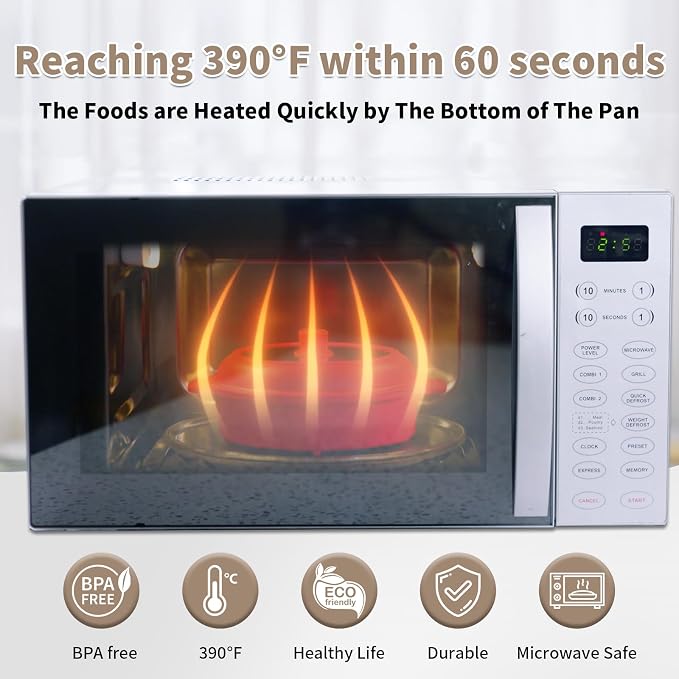 GLOU-GLOU GOOSE GGG Microwave Grill Pan, Fry Griddle Crisper Pan with Lid for Grilling Browning and Crisping Foods Microwave Silicone Cookware for Meat Sandwich Vegetable Light Grey