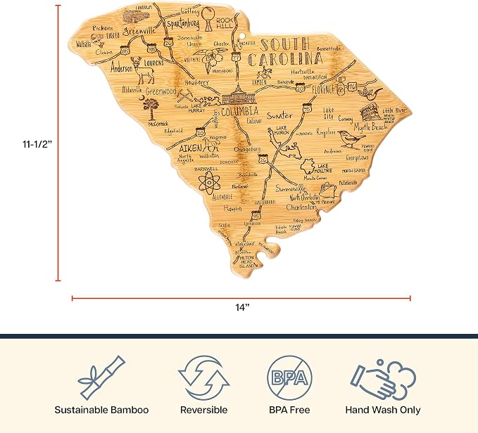 Totally Bamboo Destination South Carolina State Shaped Cutting Board | State charcuterie serving board with engraved map artwork. Smooth reverse side for food prep. Hang tie for wall display.