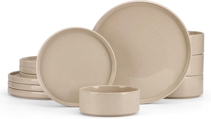 E-far Stoneware Dinnerware Sets, 12-Piece Plates and Bowls Set for 4, Khaki | Kitchen Modern Dishes Dining Ware, Chip and Scratch Resistant, Microwave & Dishwasher Safe, Speckled Khaki