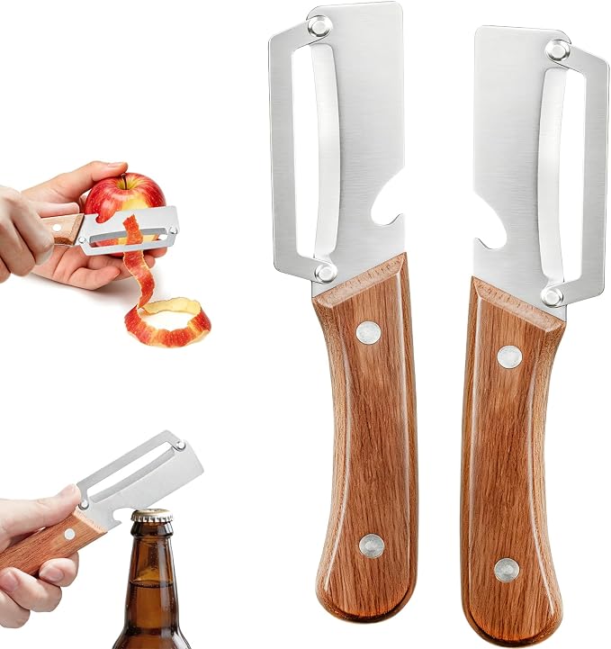Left & Right Hand Vegetable Peeler Set with Bottle Opener, Heavy-Duty Thick Stainless Steel Blade, Durable Wooden Handle Kitchen Peeler for Fruits & Vegetables