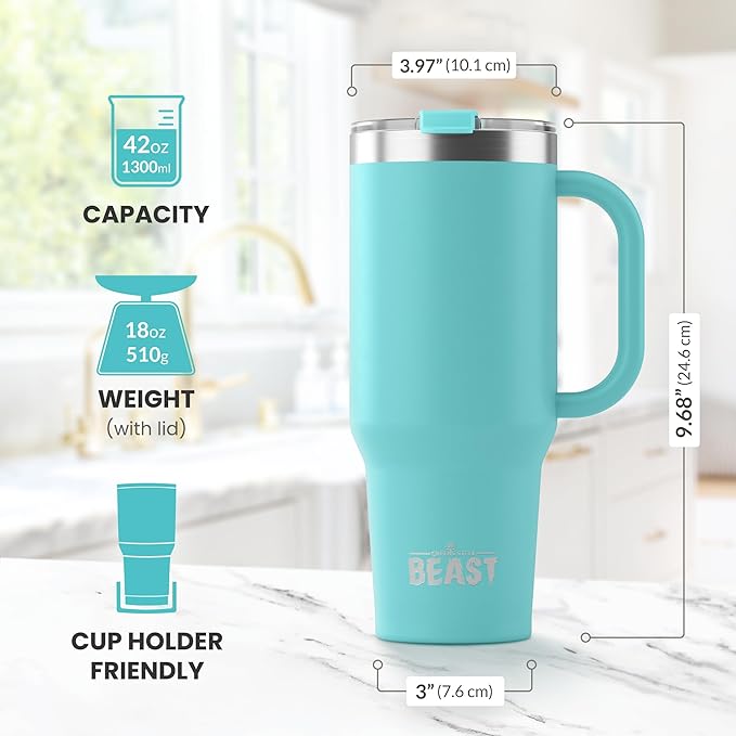 Beast 42 oz Tumbler with Handle Stainless Steel Vacuum Insulated Coffee Ice Cup Double Wall Travel Flask (Aquamarine Blue)