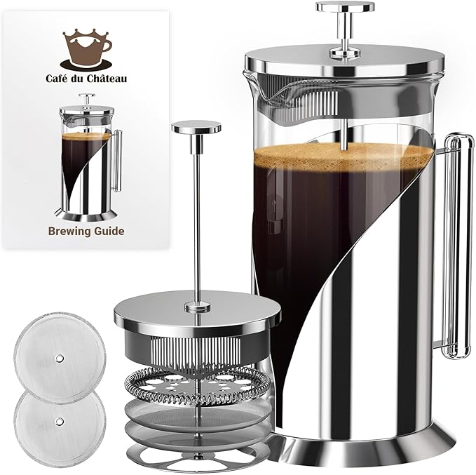 Cafe Du Chateau French Press Coffee Maker, 34 oz Glass, Stainless Steel | Easy Brew, Durable Clear Glass, 4-level Filtration, 34 oz Capacity, Coffee Press for Camping, Tea Brewer, BPA-Free Materials