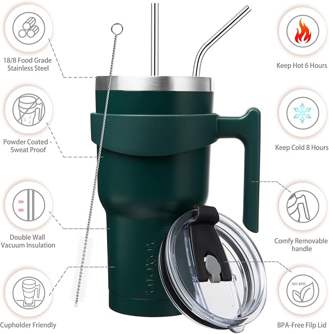 BJPKPK 30 oz Tumbler with Handle & Straw, Insulated Stainless Steel Mug | Double Wall Vacuum, Keeps Hot/Cold, Thermal Cup, BPA Free, Dishwasher Safe, Cupholder Fit, Coffee & Travel, Army Green