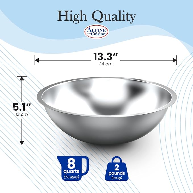 Alpine Cuisine Deeper Edge 8-Quart Stainless Steel Mixing Bowl - Heavy Duty & Dishwasher Safe, Perfect for Meal Prep, Salads & Serving