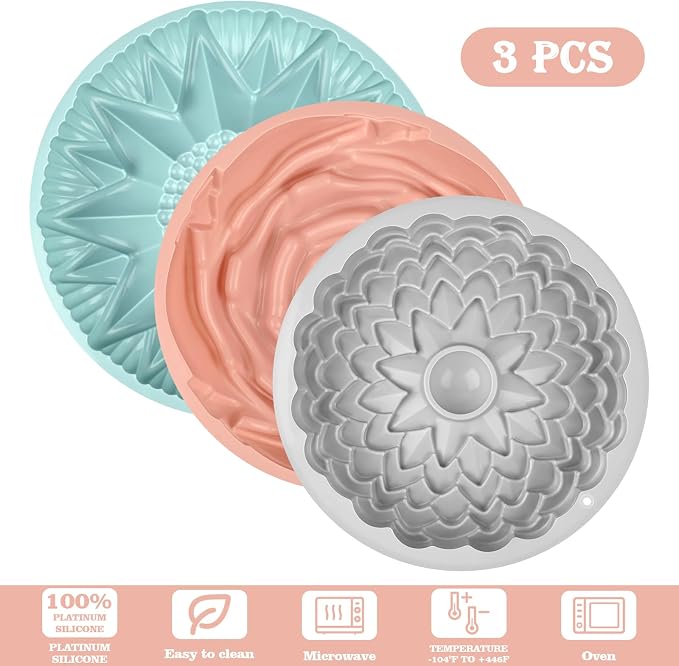 3 Pack Flower Shape Silicone Cake Molds, Large Round Silicone Molds for Baking Cake, Breads, Pies, Tarts (Rose, Chrysanthemum, Sunflower)