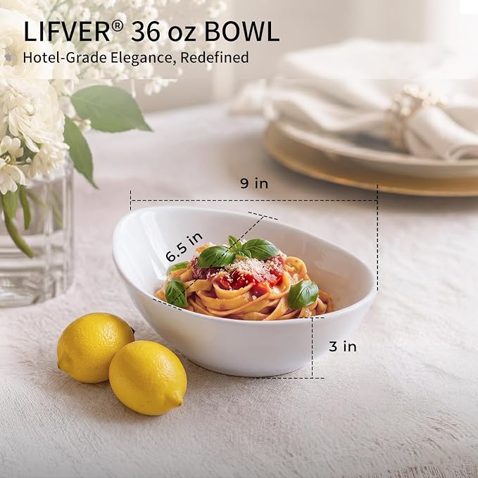 LIFVER 9" Serving Bowls for Wedding Decor, 36 OZ Porcelain Serving Dishes for Entertaining, Large Bowls Set for Soup Salad Side Dishes Pasta, Good Size for Dinner Party, Set of 4, White