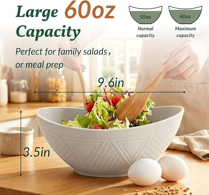 Salad Bowls Set of 6, 60 OZ Large Wheat Straw Bowls for Kitchen, Camping, Party, Unbreakable Lightweight Popcorn Bowl, Microwave and Dishwasher Safe Bowl Set with Unique Texture - Beige