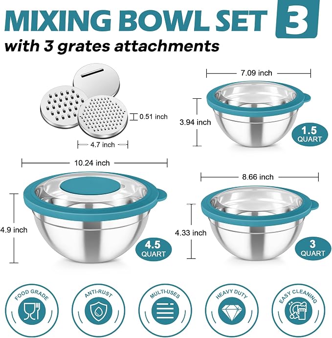 TeamFar Mixing Bowls, 3PCS Stainless Steel Serving Salad Bowls | with Lids & 3 Graters for Kitchen Mixing/Baking/Storing/Prepping, Visible & Airtight, Easy Clean - 4.5/3/1.5 QT, Dark Blue
