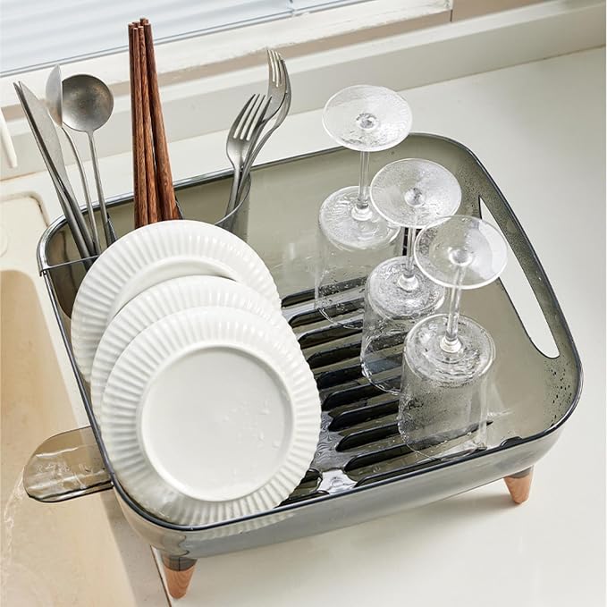 Dish Rack, Dish Drying Rack for Kitchen Counter, Dish Drainer with Drainboard Set and Utensil Holder, Sink Drying Dish Strainer Rack (Transparent Black)