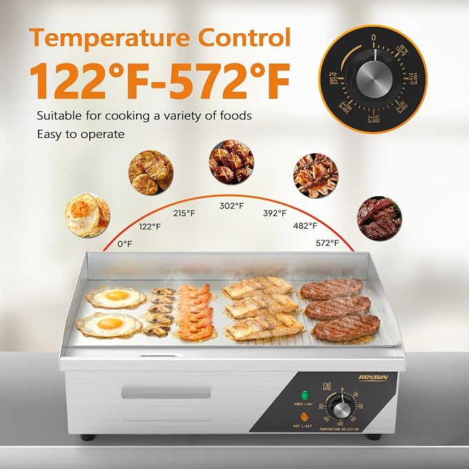 ROVSUN 22" Electric Griddle, Electric Countertop Half Flat Top Griddle, 1600W Grill Stainless Steel with Adjustable Temperature Control 122°F-572°F for Commercial Home Restaurant, Plug