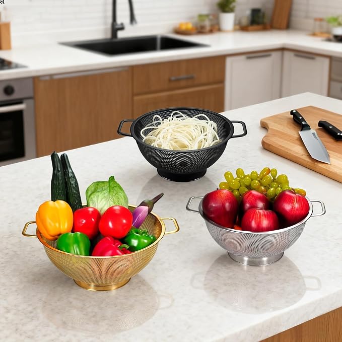 3PCS Three Colors Mix Colander Set, 3QT Black & 4QT Silver & 5QT Gold, Stainless Steel Pasta Strainer with Handle for Prepping Washing Draining Storing Food, Dishwasher Safe