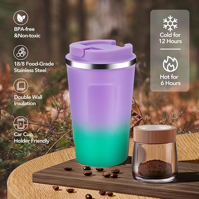 Volhoply 12 oz Double Wall Insulated Vacuum Travel Coffee Mug with Flip Lid Bulk 4 Pack,Reusable Stainless Steel Leak Proof Coffee Cup,Portable Thermal Tumbler for Hot&Cold Drinks(Purple Green,4 Set)