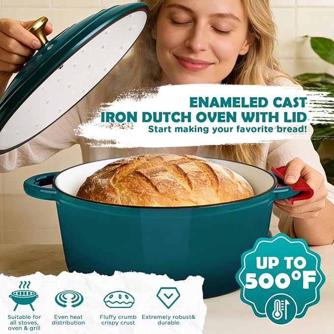 Enameled Cast Iron Dutch Oven Pot with Lid, 5QT Dutch Oven for Bread Baking | Round Bread Oven, Sourdough Bread Baking Supplies, Banneton Bread Proofing Basket, Starter Jar, Lame, Oven Safe up to 500°F