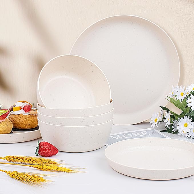 EjonirInjonir 12pcs Unbreakable Beige Wheat Straw Dinnerware Sets RV Dining | Includes Deep Reusable Plastic Plates Bowls Set,Premium Lightweight Dish Set Perfect for Camping Outdoor Parties Kids Home
