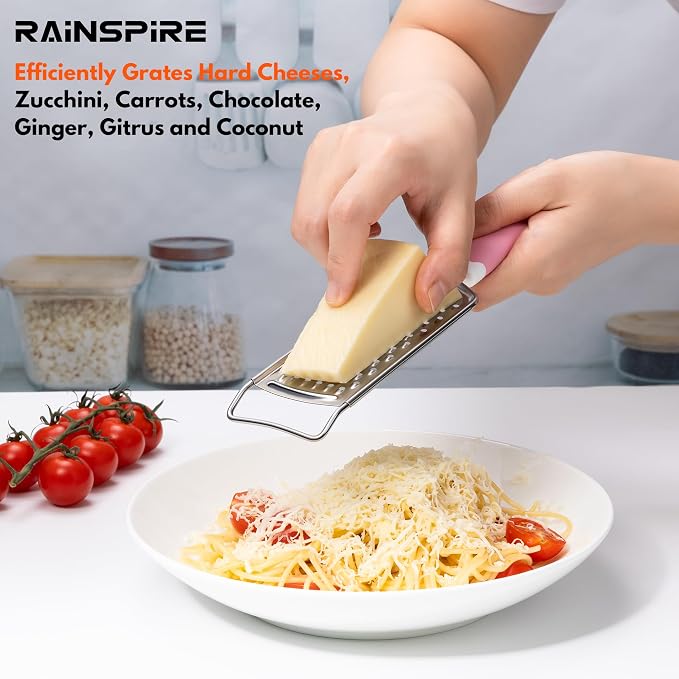 Professional Cheese Graters for Kitchen Stainless Steel Handheld, Metal Lemon Zester Grater With Handle For Cheese, Chocolate, Spices, Kitchen Gadgets And Tools, Soft Grip Handle, Pink
