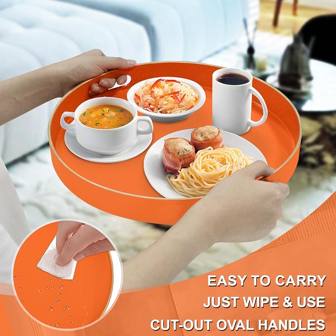 13" Orange Decorative Tray, Plastic Round Serving Tray with Handles | Decorative Tray for Coffee Table, Modern Ottoman Tray, Circle Tea Tray, Round Melamine Tray for Living Room, Bathroom