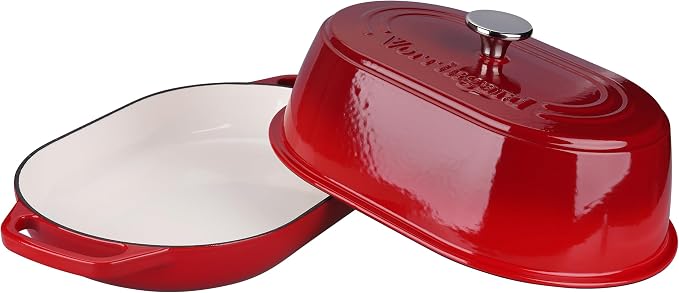 Enameled Cast Iron Dutch Oven Pot with Dome Lid, Oval Bread Oven for Homemade Sourdough Bread Baking, Oven Safe up to 500°F, 6 Quart, Red