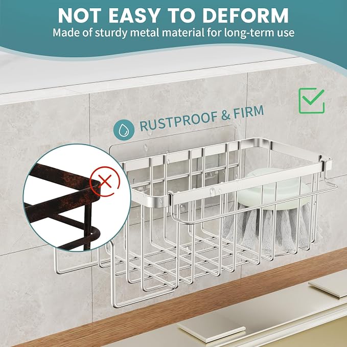 4-in-1 Sponge Holder for Kitchen Sink, Sink Caddy Organizers, Silver | Rustproof, Adhesive hook, Suction cups, Kithen Countertop Organizers and Storage