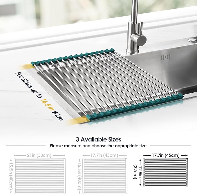 Tomorotec Roll Up Dish Drying Rack Over Sink,304 Steel,17.7x12.5,DarkGreen | Anti-Slip Silicone Rims For Grip, Heat-Resistant Trivet Mat Holding Heavy Cookware, Rustproof Kitchen Counter Space Saver
