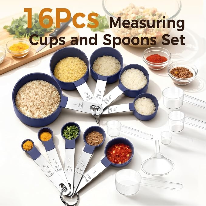 16PCS Measuring Cups and Spoons Set, Measuring Spoon Set with Metric and US Measurements, Fits for Measuring Dry and Liquid (Blue)