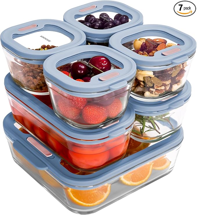7-Pack Glass Food Storage Containers with Tempered Lids – Borosilicate, Airtight, Oven-Safe (-4°F~950°F), BPA-Free, 1Cup*4 & 2.3Cup*2 & 5.7Cup*1(Light blue)
