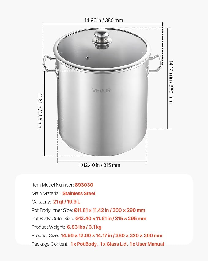 VEVOR Stainless Steel Stock Pot, 21-Quart Stainless Steel Stockpot with Glass Lid, PFOA-Free, PFAS-Free, Compatible with Gas Stoves, Induction Cooktops, Electric Stoves, for Soups, Stews, and Pasta
