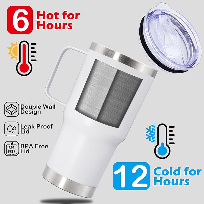 20 oz Tumbler with Handle Coffee Tumblers with Lid Travel Mug White 6P | 20oz Tumblers with Handle Double-Wall Insulated Vacuum Coffee Mugs Stainless Steel Tumbler with Handles&Lid White 6P